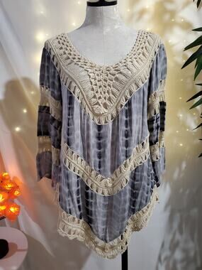 Etc Crochet Tie Dye Boho Flowy Long Sleeve Gauze Blouse Top Womens One Size Gray